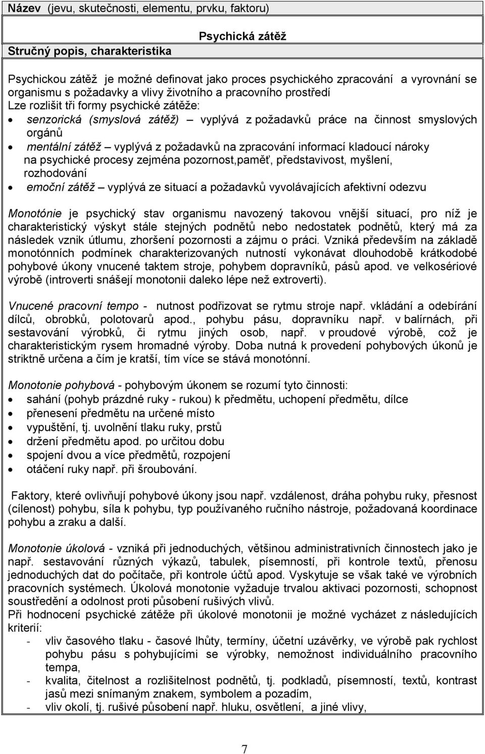 požadavků na zpracování informací kladoucí nároky na psychické procesy zejména pozornost,paměť, představivost, myšlení, rozhodování emoční zátěž vyplývá ze situací a požadavků vyvolávajících