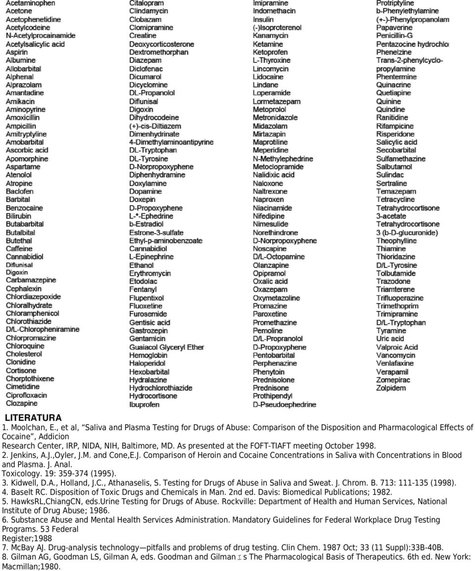 As presented at the FOFT-TIAFT meeting October 1998. 2. Jenkins, A.J.,Oyler, J.M. and Cone,E.J. Comparison of Heroin and Cocaine Concentrations in Saliva with Concentrations in Blood and Plasma. J. Anal.