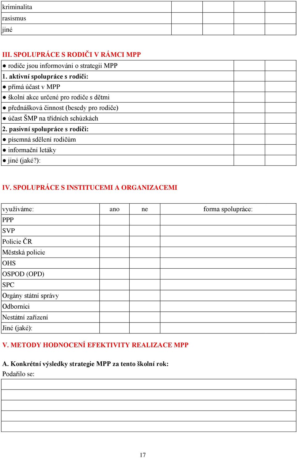 pasivní spolupráce s rodiči: písemná sdělení rodičům informační letáky jiné (jaké?): IV.