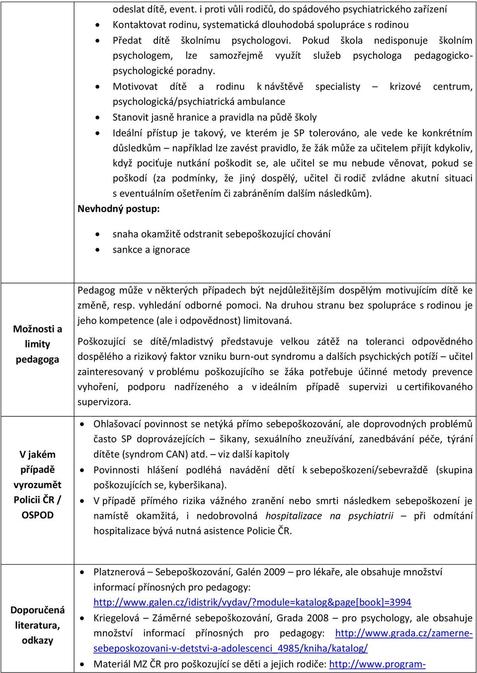 Motivovat dítě a rodinu k návštěvě specialisty krizové centrum, psychologická/psychiatrická ambulance Stanovit jasně hranice a pravidla na půdě školy Ideální přístup je takový, ve kterém je SP