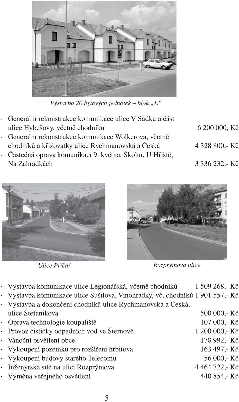 května, Školní, U Hřiště, Na Zahrádkách 6 200 000, Kč 4 328 800,- Kč 3 336 232,- Kč Ulice Příční Rozprýmova ulice Výstavba komunikace ulice Legionářská, včetně chodníků 1 509 268,- Kč Výstavba