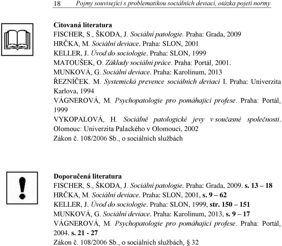 Praha: Univerzita Karlova, 1994 VÁGNEROVÁ, M. Psychopatologie pro pomáhající profese. Praha: Portál, 1999 VYKOPALOVÁ, H. Sociálně patologické jevy v současné společnosti.