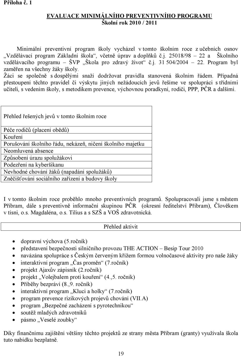 a doplňků č.j. 25018/98 22 a Školního vzdělávacího programu ŠVP Škola pro zdravý život č.j. 31 504/2004 22. Program byl zaměřen na všechny žáky školy.