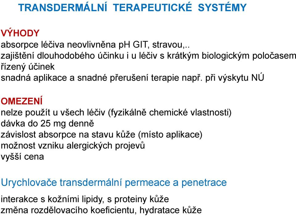 při výskytu NÚ OMEZENÍ nelze použít u všech léčiv (fyzikálně chemické vlastnosti) dávka do 25 mg denně závislost absorpce na stavu kůže