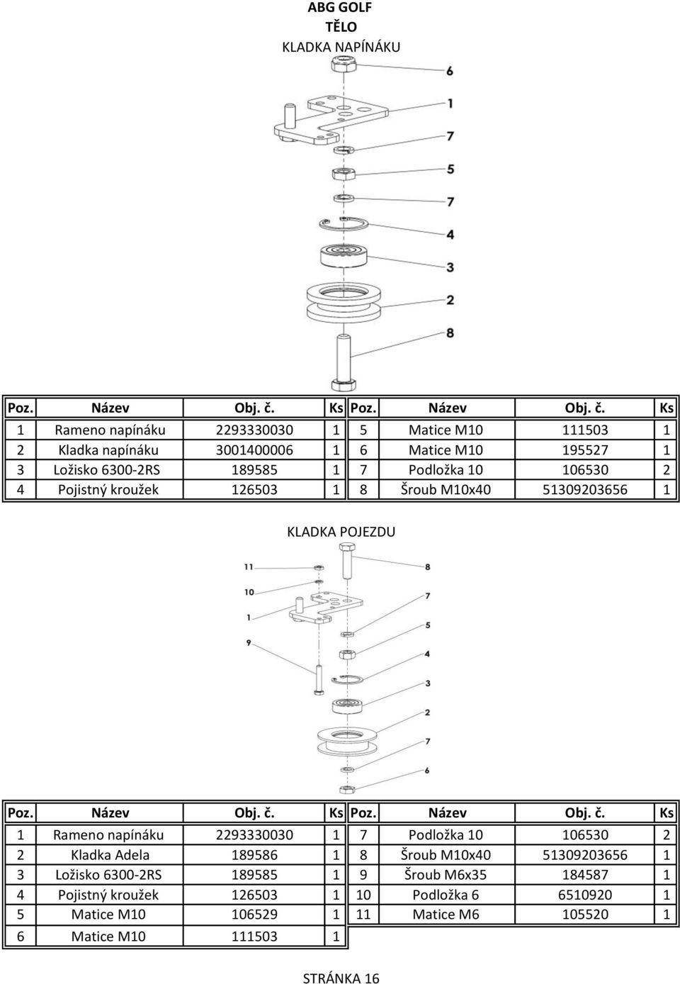 napínáku 2293330030 1 7 Podložka 10 106530 2 2 Kladka Adela 189586 1 8 Šroub M10x40 51309203656 1 3 Ložisko 6300-2RS 189585 1 9 Šroub