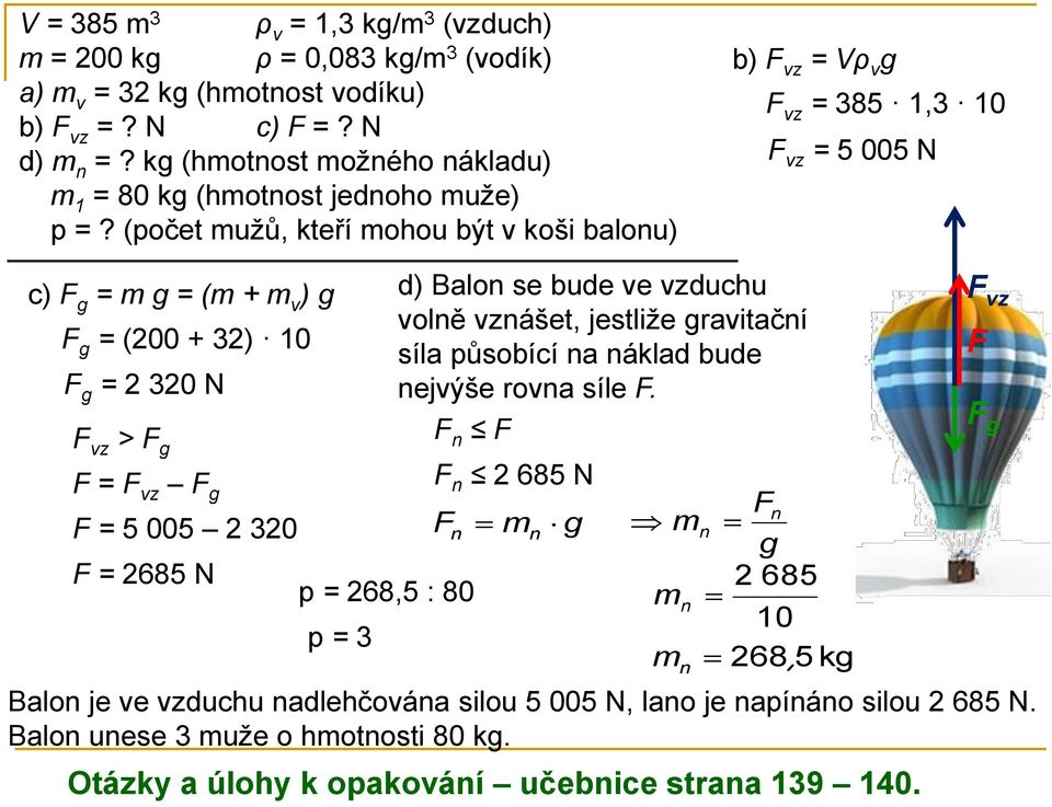 (počet mužů, kteří mohou být v koši balonu) b) vz = Vρ v g vz = 385 1,3 10 vz = 5 005 N c) g = m g = (m + m v ) g g = (200 + 32) 10 g = 2 320 N vz > g = vz g = 5 005 2 320 = 2685 N d)