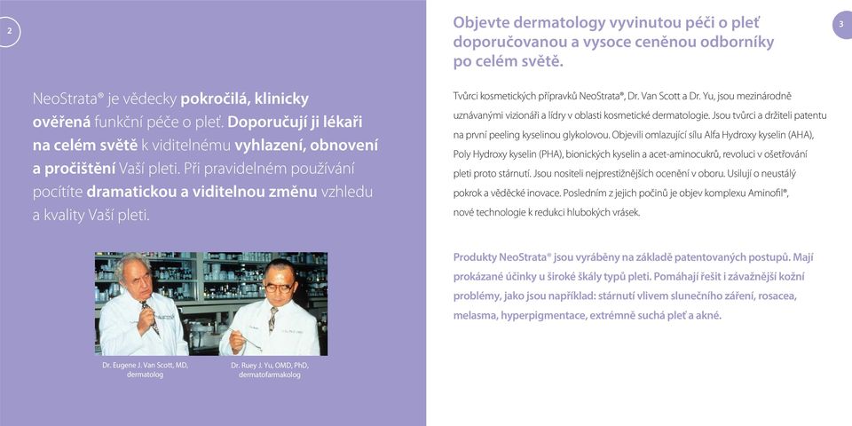 Tvůrci kosmetických přípravků NeoStrata, Dr. Van Scott a Dr. Yu, jsou mezinárodně uznávanými vizionáři a lídry v oblasti kosmetické dermatologie.