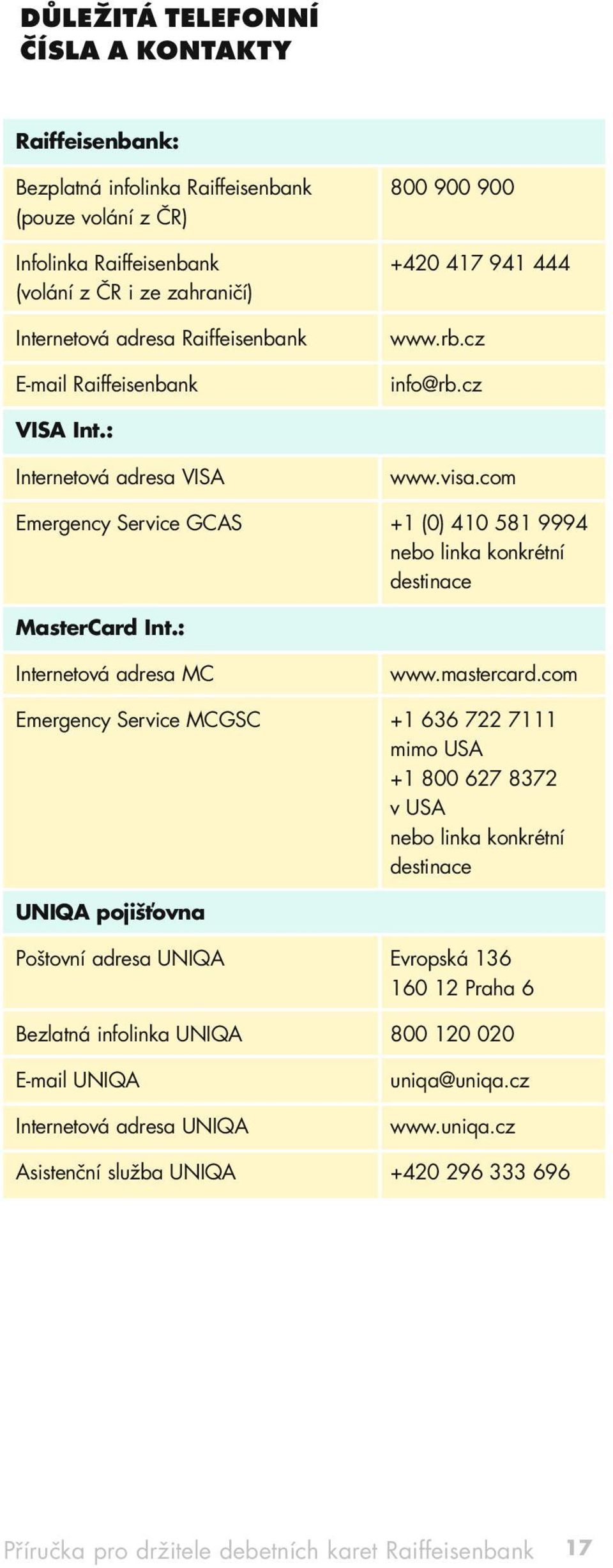 com Emergency Service GCAS +1 (0) 410 581 9994 nebo linka konkrétní destinace MasterCard Int.: Internetová adresa MC www.mastercard.