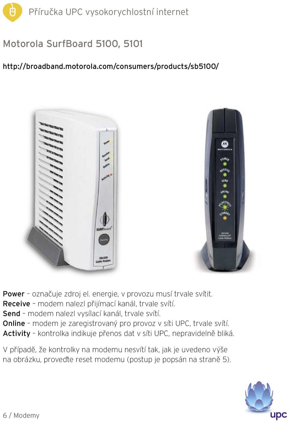 Send modem nalezl vysílací kanál, trvale svítí. Online modem je zaregistrovaný pro provoz v síti UPC, trvale svítí.