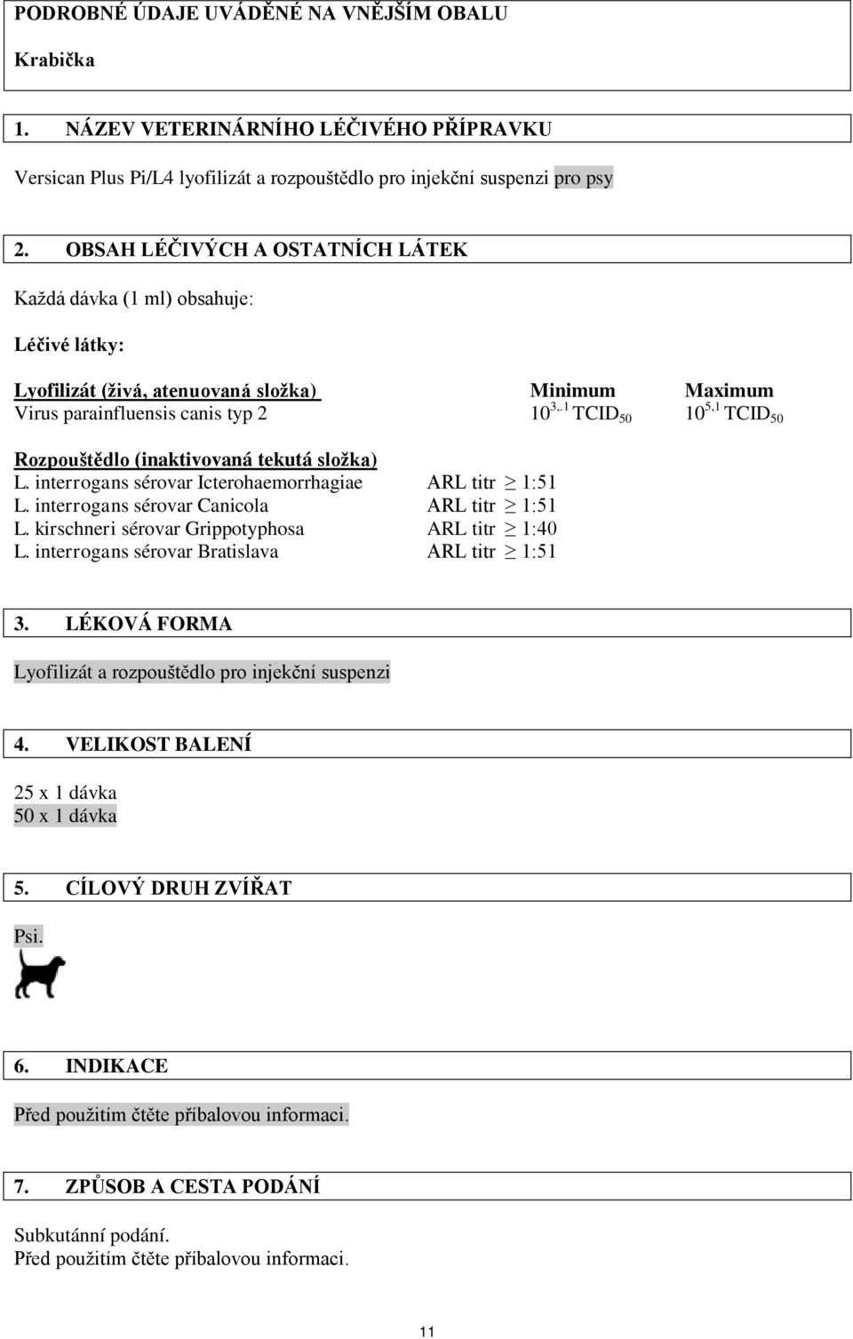 1 TCID 50 10 5,1 TCID 50 Rozpouštědlo (inaktivovaná tekutá složka) L. interrogans sérovar Icterohaemorrhagiae ARL titr 1:51 L. interrogans sérovar Canicola ARL titr 1:51 L.