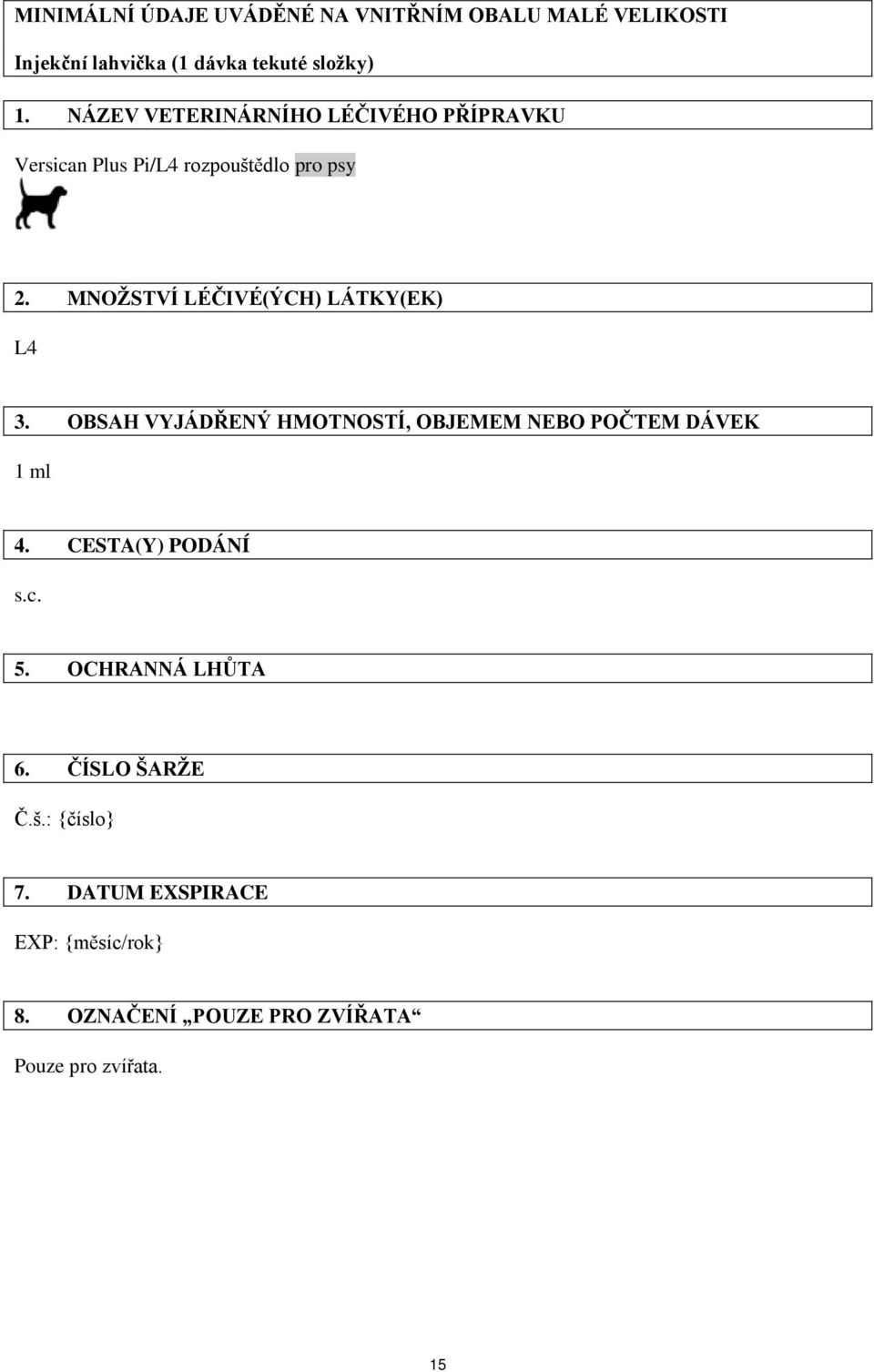 MNOŽSTVÍ LÉČIVÉ(ÝCH) LÁTKY(EK) L4 3. OBSAH VYJÁDŘENÝ HMOTNOSTÍ, OBJEMEM NEBO POČTEM DÁVEK 1 ml 4.