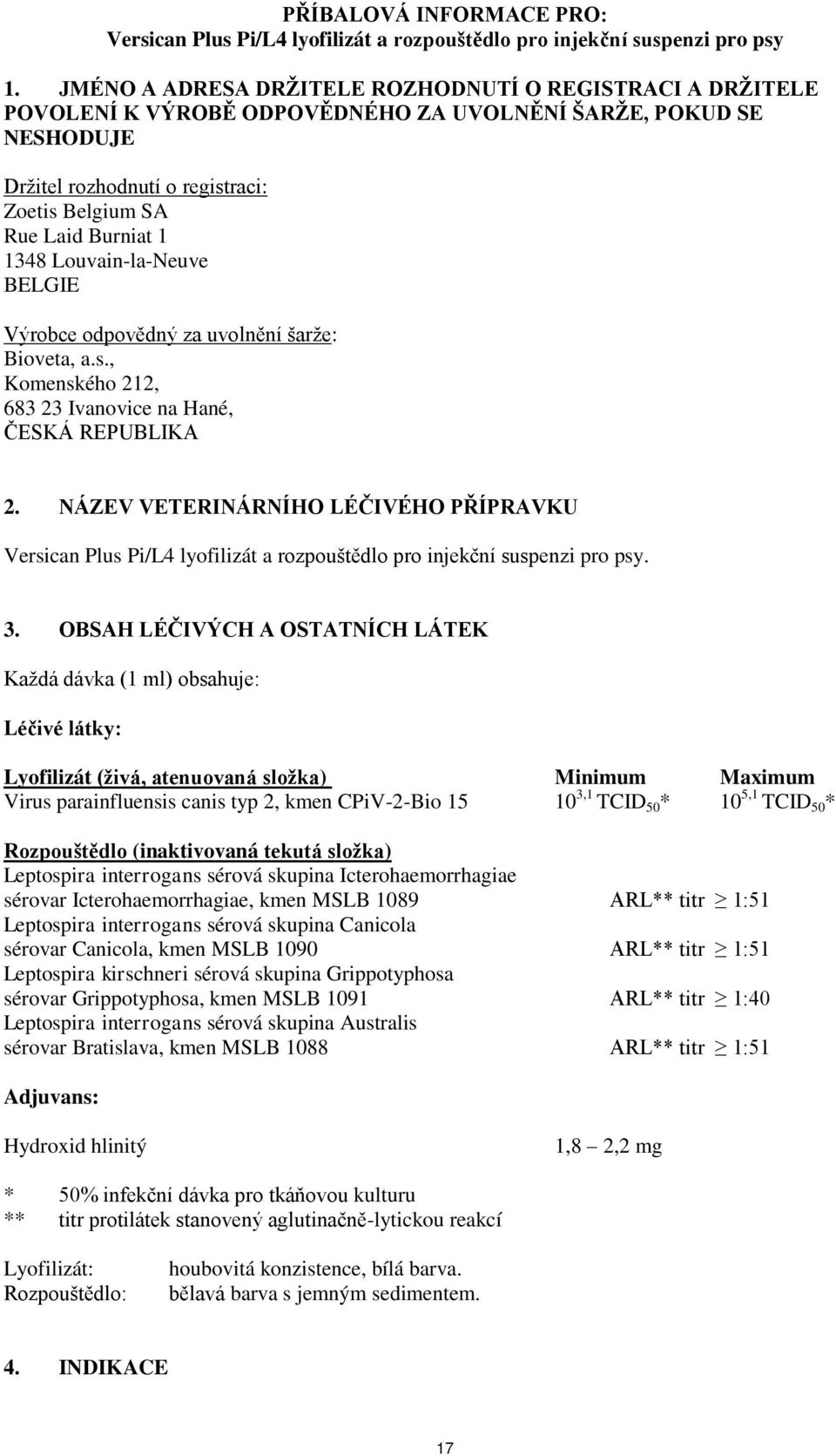 1348 Louvain-la-Neuve BELGIE Výrobce odpovědný za uvolnění šarže: Bioveta, a.s., Komenského 212, 683 23 Ivanovice na Hané, ČESKÁ REPUBLIKA 2.