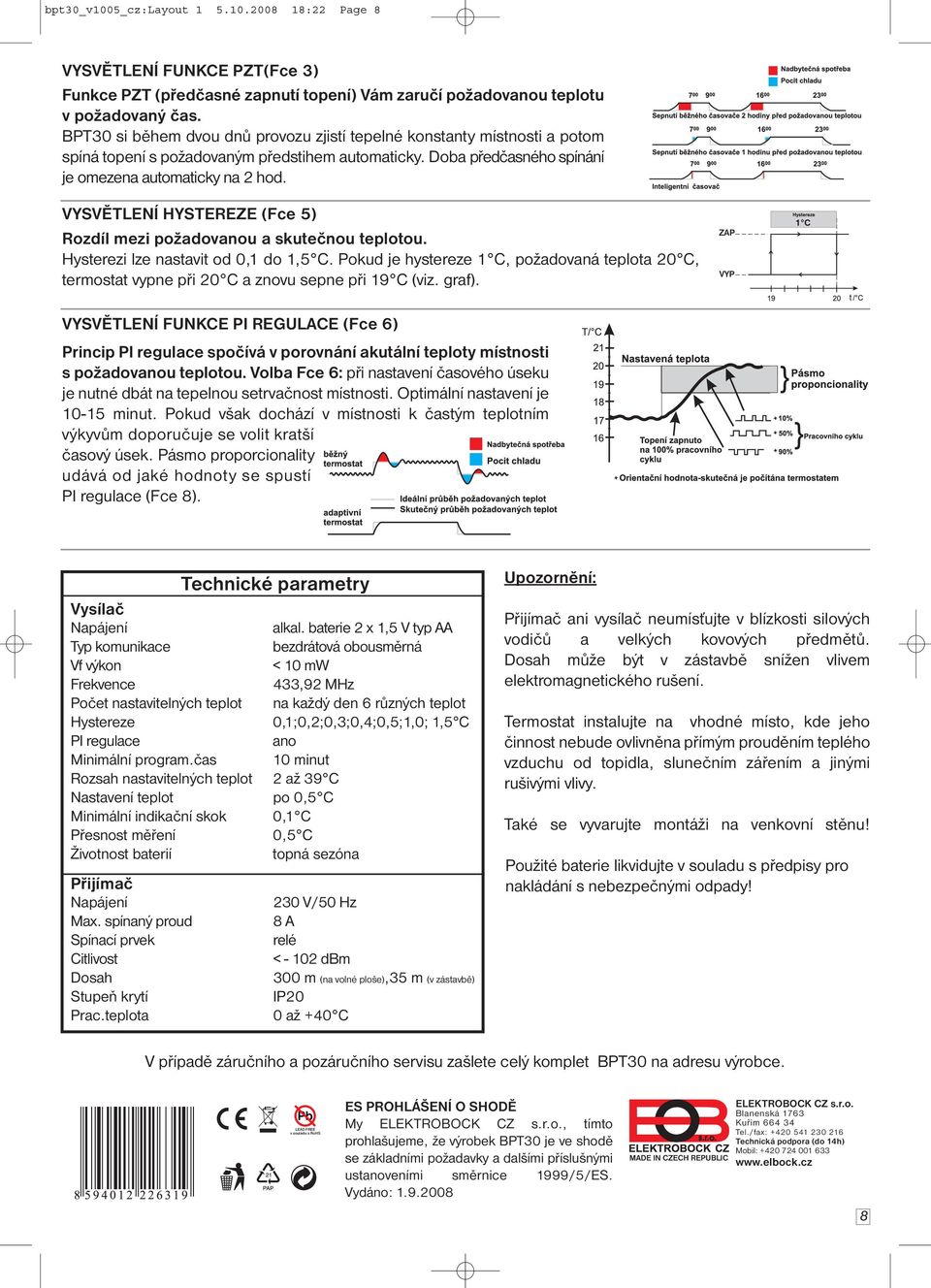 VYSVĚTLENÍ HYSTEREZE (Fce 5) Rozdíl mezi požadovanou a skutečnou teplotou. Hysterezi lze nastavit od 0,1 do 1,5 C.