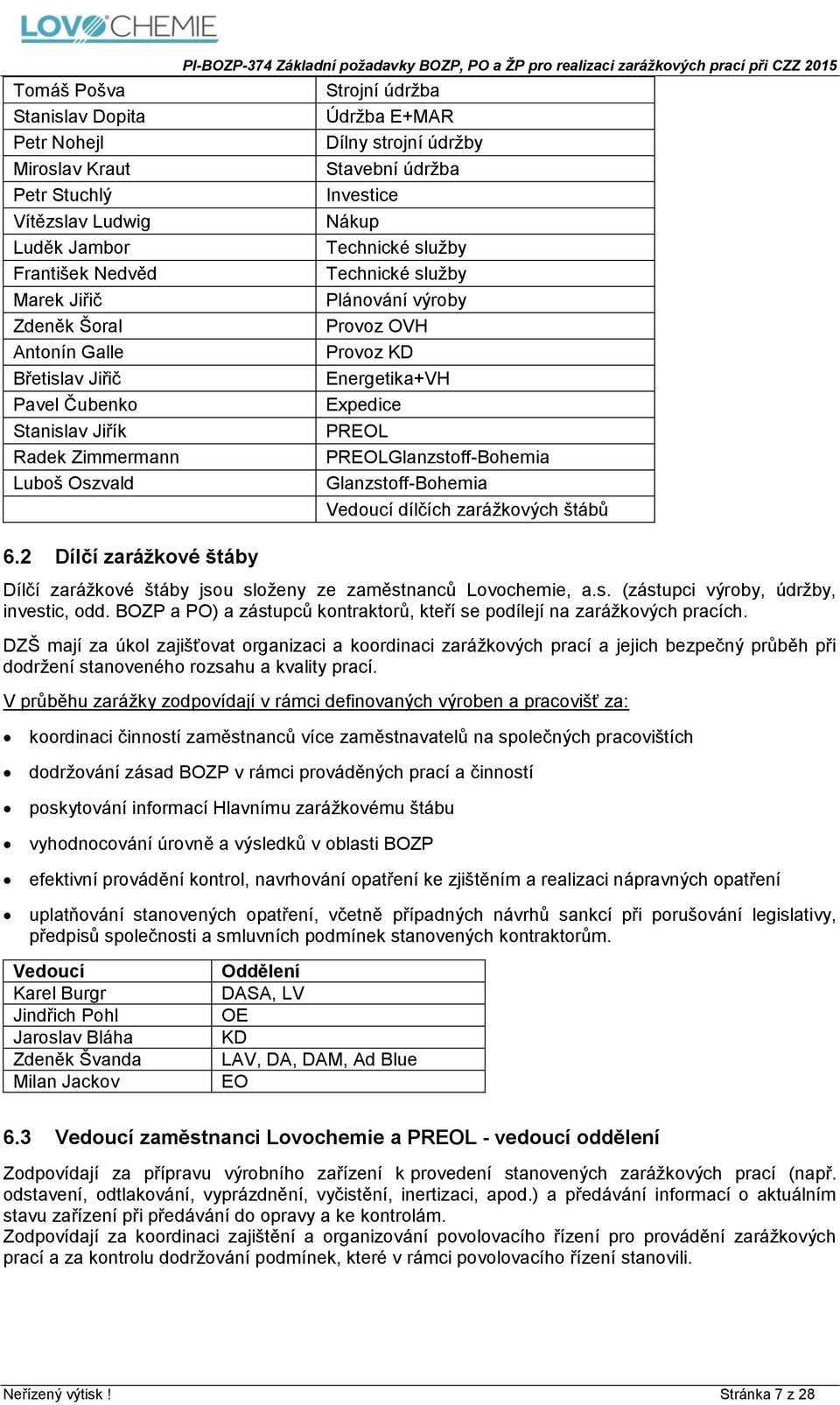 2 Dílčí zarážkové štáby PI-BOZP-374 Základní požadavky BOZP, PO a ŽP pro realizaci zarážkových prací při CZZ 2015 Strojní údržba Údržba E+MAR Dílny strojní údržby Stavební údržba Investice Nákup