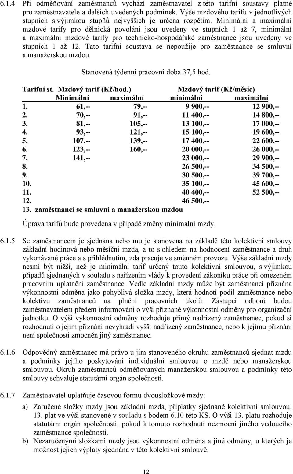 Minimální a maximální mzdové tarify pro dělnická povolání jsou uvedeny ve stupních 1 až 7, minimální a maximální mzdové tarify pro technicko-hospodářské zaměstnance jsou uvedeny ve stupních 1 až 12.