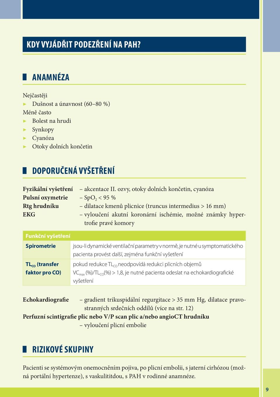 hypertrofie pravé komory Funkční vyšetření Spirometrie TL CO (transfer faktor pro CO) jsou li dynamické ventilační parametry v normě, je nutné u symptomatického pacienta provést další, zejména