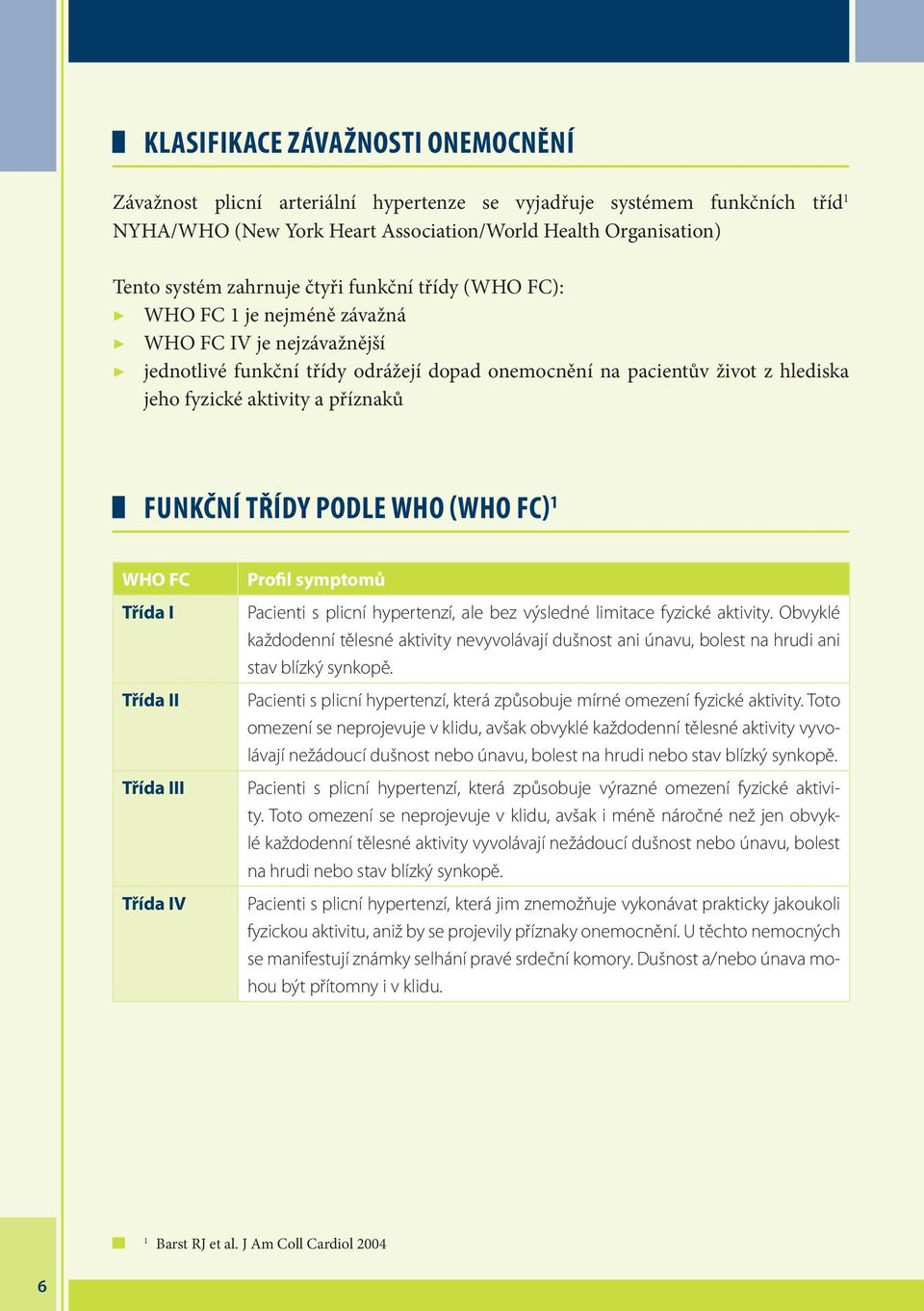 FUNKČNÍ TŘÍDY PODLE WHO (WHO FC) 1 WHO FC Třída I Třída II Třída III Třída IV Profil symptomů Pacienti s plicní hypertenzí, ale bez výsledné limitace fyzické aktivity.