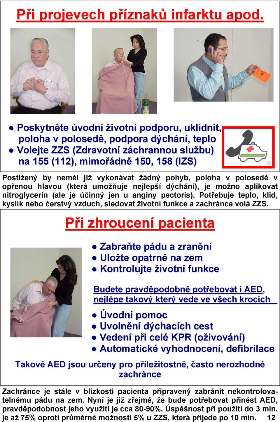 vykonávat žádný pohyb, poloha v polosedě v opřenou hlavou (která umožňuje nejlepší dýchání), je možno aplikovat nitroglycerin (ale je účinný jen u anginy pectoris).