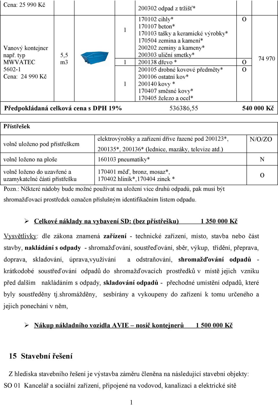 dřevo * O 20005 drobné kovové předměty* 20006 ostatní kov* 20040 kovy * 70407 směsné kovy* 70405 železo a ocel* O 74 970 Předpokládaná celková cena s DPH 9% 536386,55 540 000 Kč Přístřešek