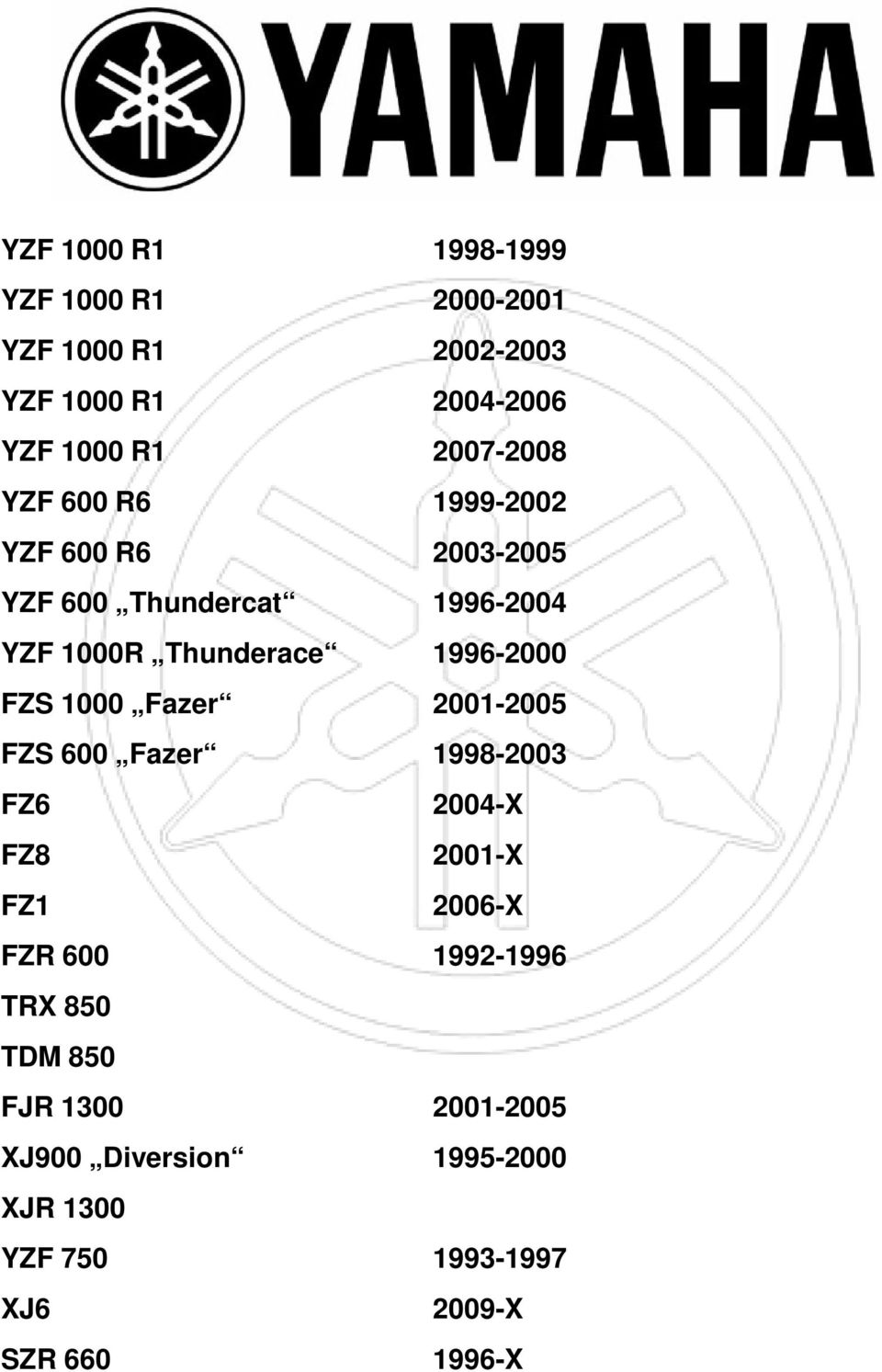 1996-2000 FZS 1000 Fazer 2001-2005 FZS 600 Fazer 1998-2003 FZ6 2004-X FZ8 2001-X FZ1 2006-X FZR 600