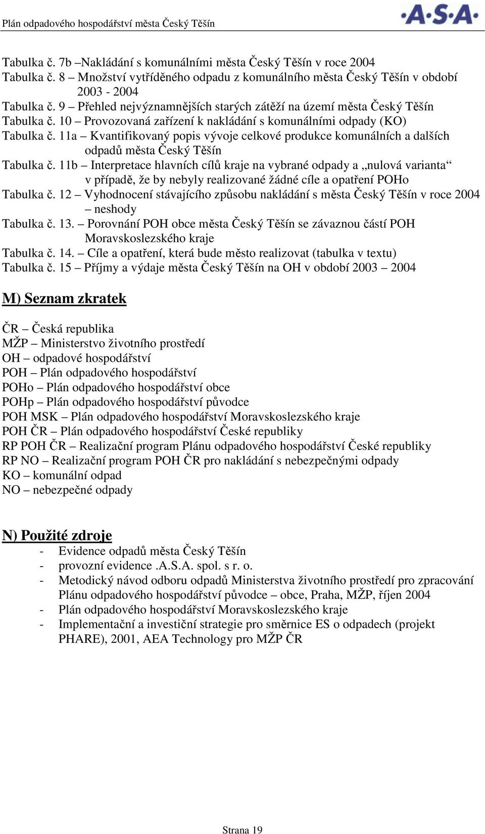 11a Kvantifikovaný popis vývoje celkové produkce komunálních a dalších odpadů města Český Těšín Tabulka č.