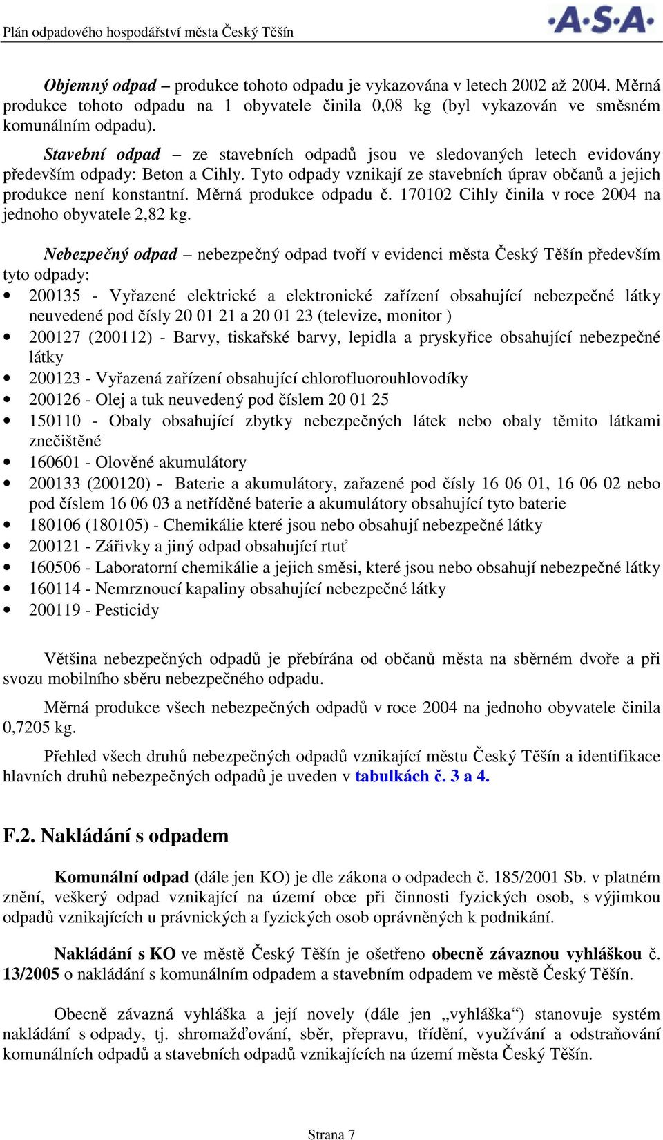 Měrná produkce odpadu č. 170102 Cihly činila v roce 2004 na jednoho obyvatele 2,82 kg.