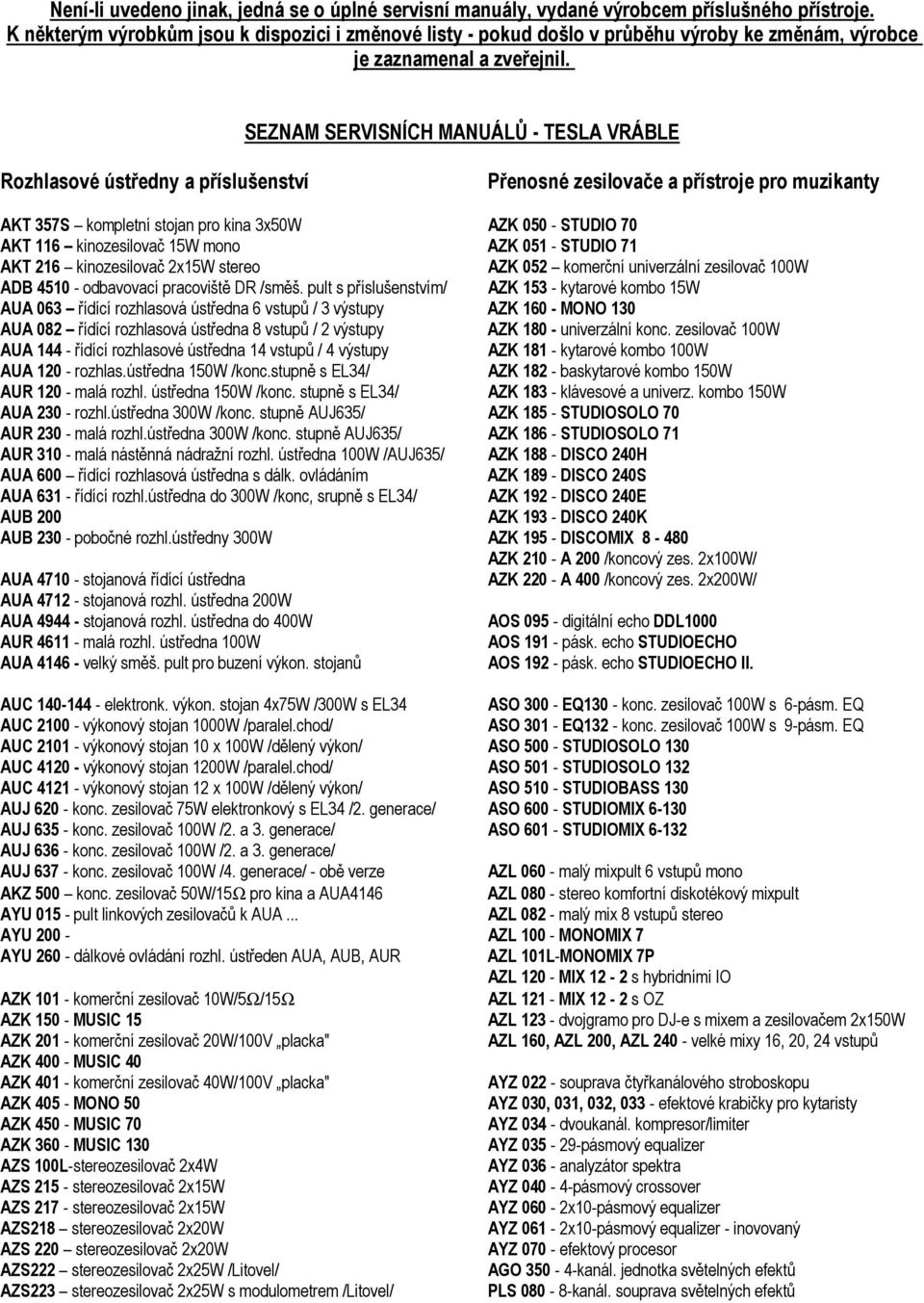 SEZNAM SERVISNÍCH MANUÁLŮ - TESLA VRÁBLE Rozhlasové ústředny a příslušenství Přenosné zesilovače a přístroje pro muzikanty AKT 357S kompletní stojan pro kina 3x50W AZK 050 - STUDIO 70 AKT 116
