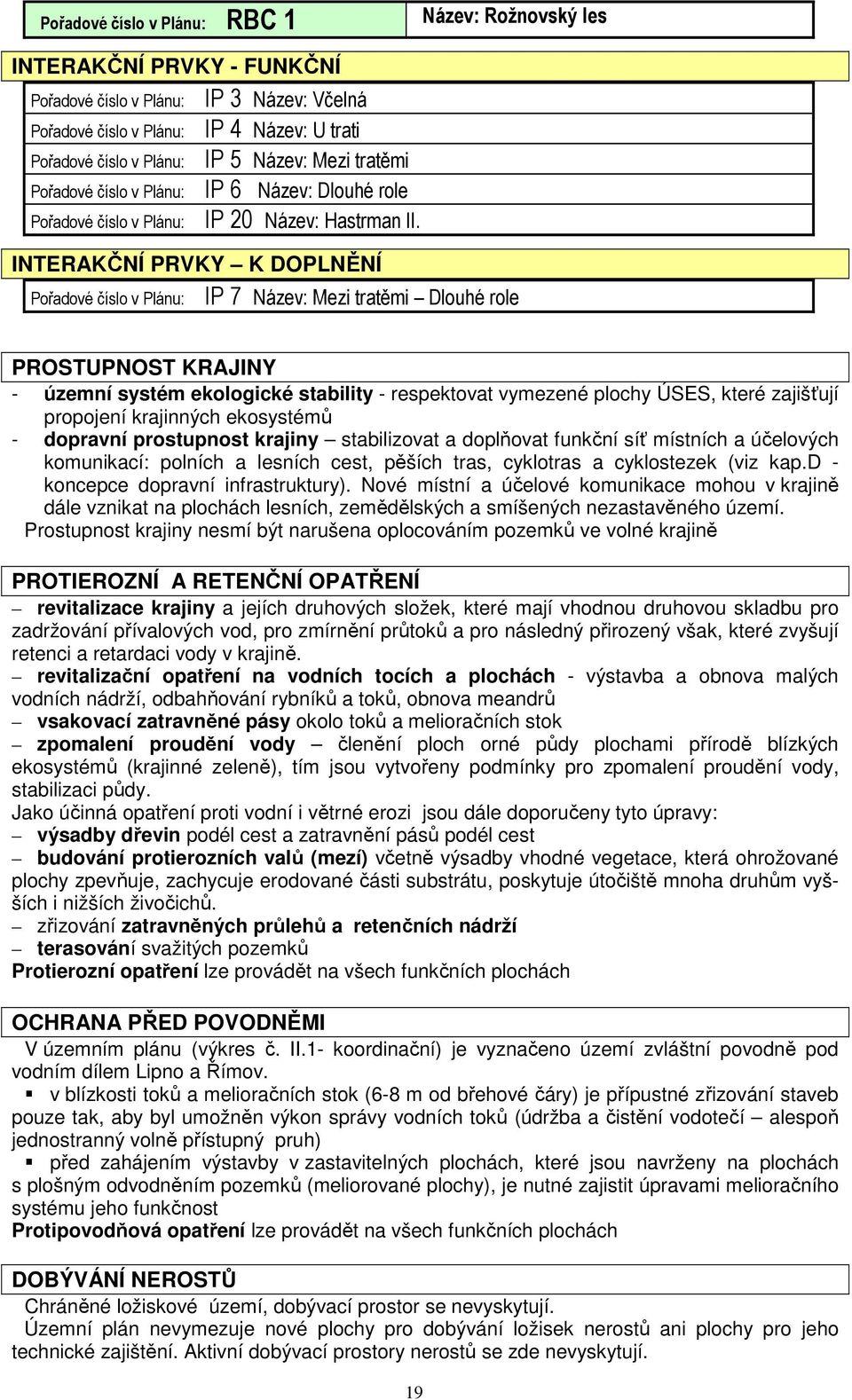 INTERAKČNÍ PRVKY K DOPLNĚNÍ Pořadové číslo v Plánu: IP 7 Název: Mezi tratěmi Dlouhé role PROSTUPNOST KRAJINY - územní systém ekologické stability - respektovat vymezené plochy ÚSES, které zajišťují