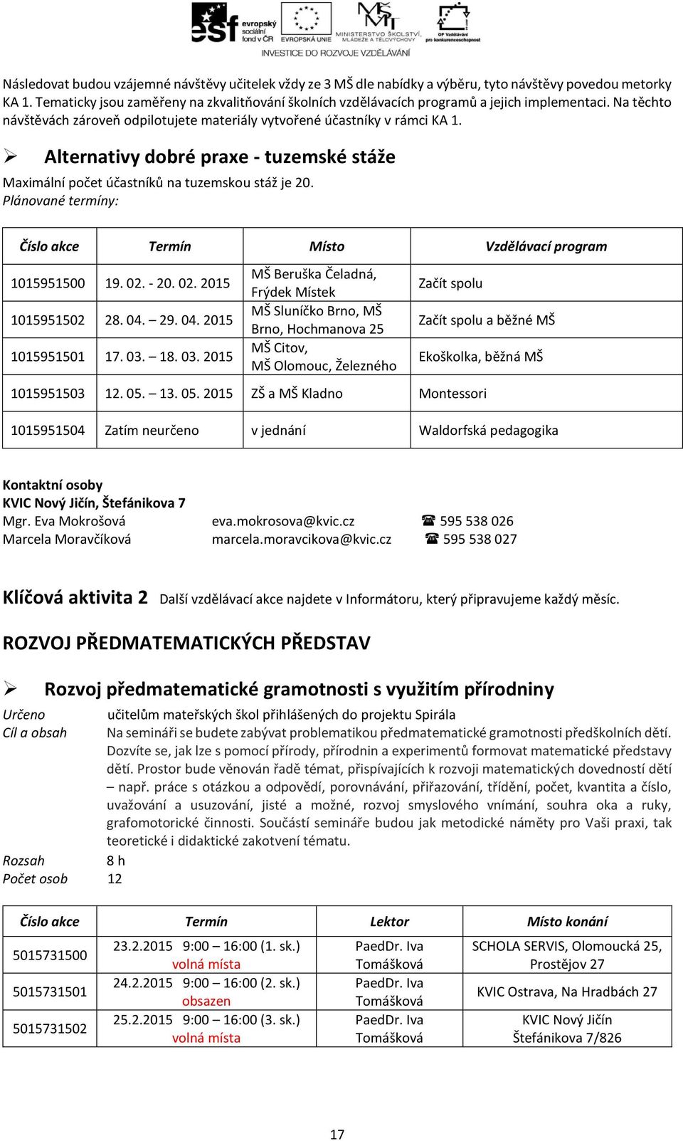 Alternativy dobré praxe - tuzemské stáže Maximální počet účastníků na tuzemskou stáž je 20. Plánované termíny: Číslo akce Termín Místo Vzdělávací program 1015951500 19. 02. - 20. 02. 2015 1015951502 28.