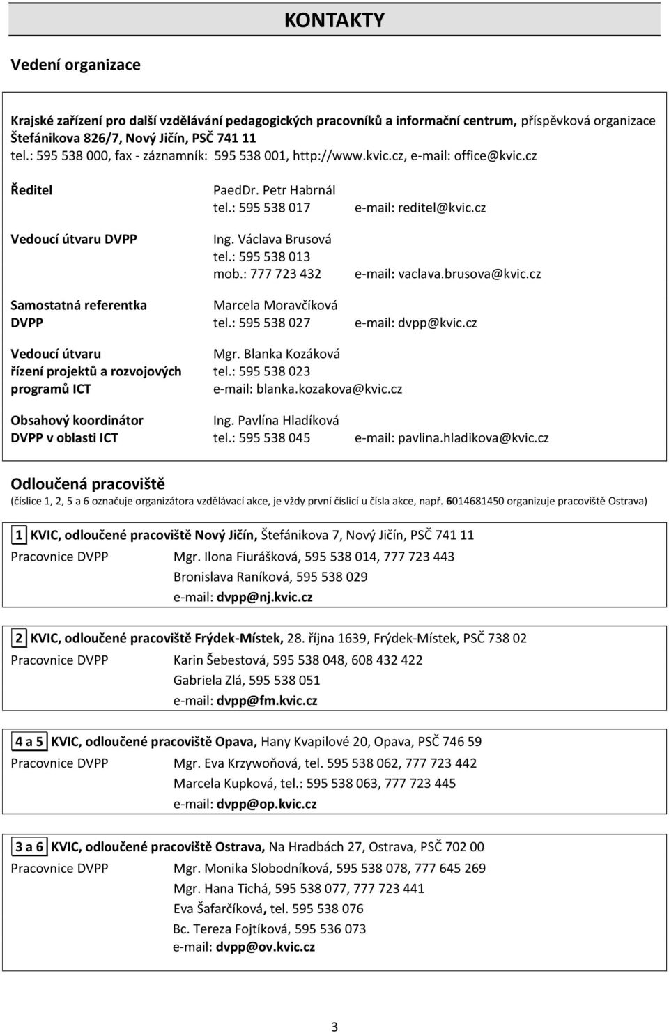 : 777 723 432 e-mail: reditel@kvic.cz e-mail: vaclava.brusova@kvic.cz Samostatná referentka Marcela Moravčíková DVPP tel.: 595 538 027 e-mail: dvpp@kvic.cz Vedoucí útvaru Mgr.