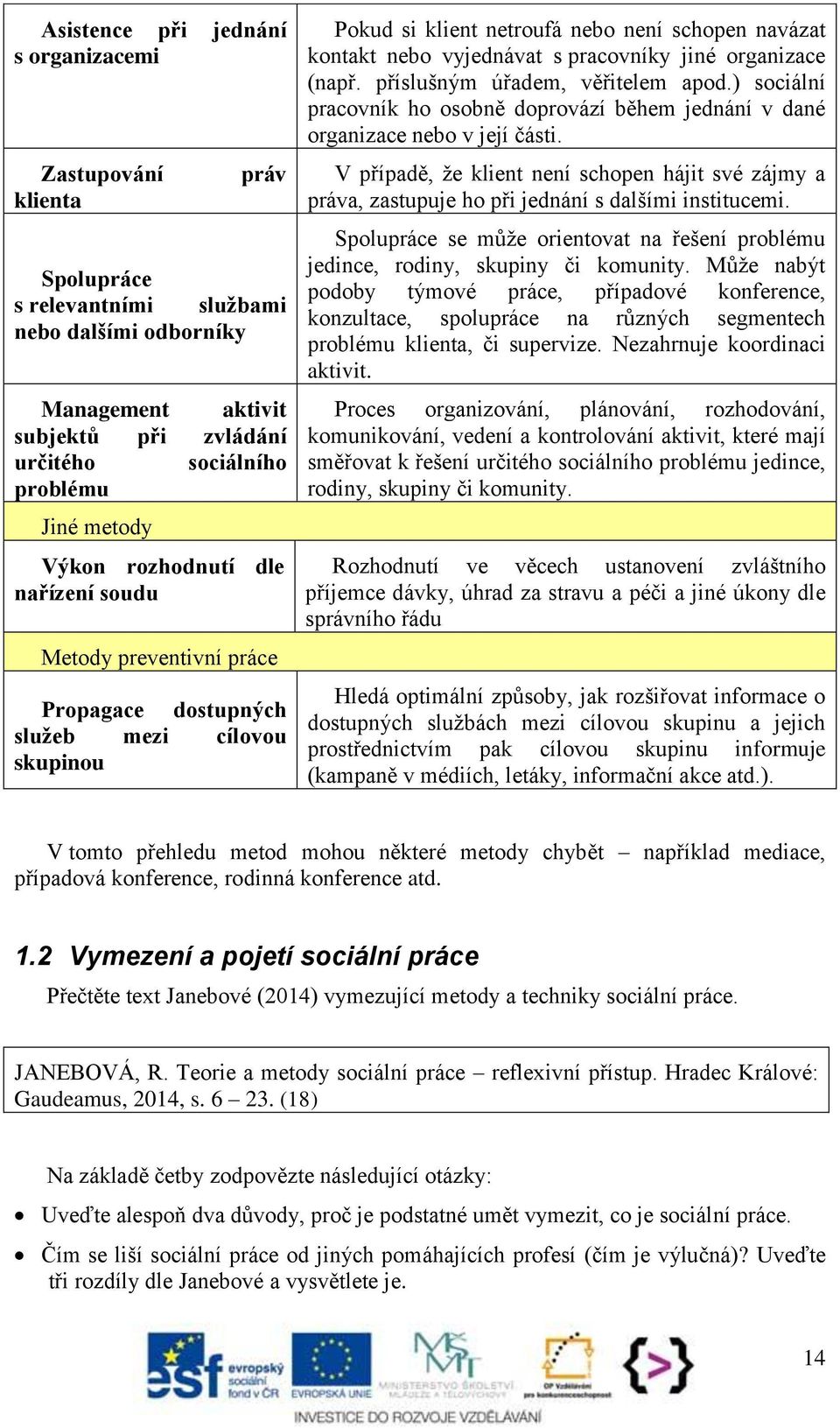 pracovníky jiné organizace (např. příslušným úřadem, věřitelem apod.) sociální pracovník ho osobně doprovází během jednání v dané organizace nebo v její části.