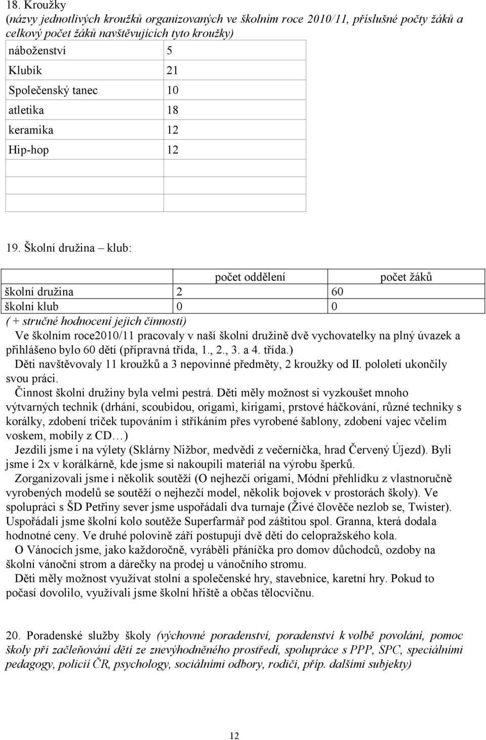 Školní družina klub: počet oddělení počet žáků školní družina 2 60 školní klub 0 0 ( + stručné hodnocení jejich činnosti) Ve školním roce2010/11 pracovaly v naší školní družině dvě vychovatelky na