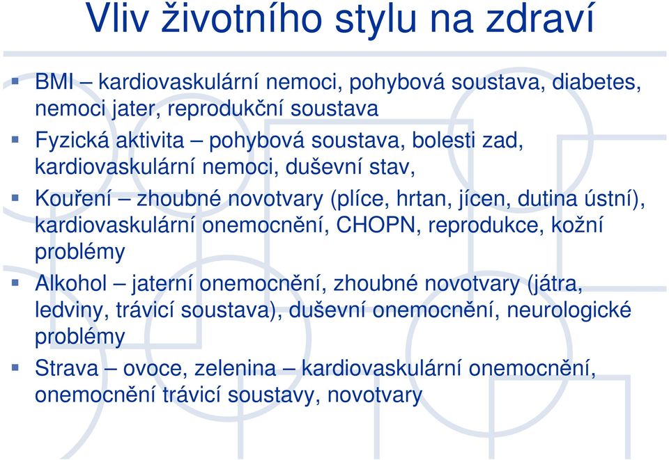 ústní), kardiovaskulární onemocnění, CHOPN, reprodukce, kožní problémy Alkohol jaterní onemocnění, zhoubné novotvary (játra, ledviny,