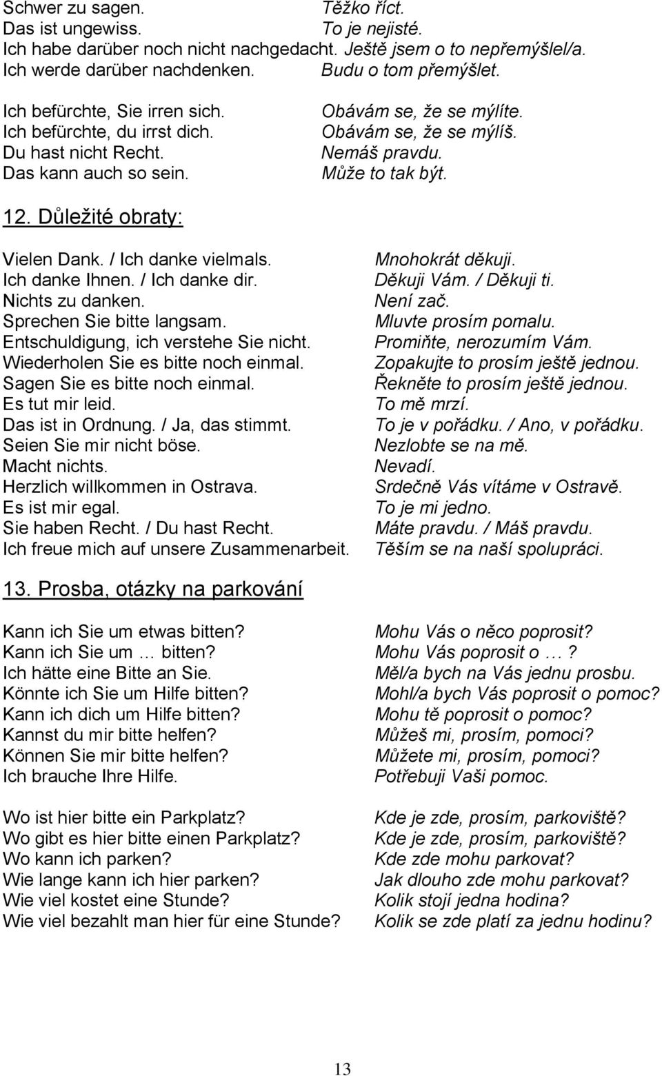 Důležité obraty: Vielen Dank. / Ich danke vielmals. Ich danke Ihnen. / Ich danke dir. Nichts zu danken. Sprechen Sie bitte langsam. Entschuldigung, ich verstehe Sie nicht.