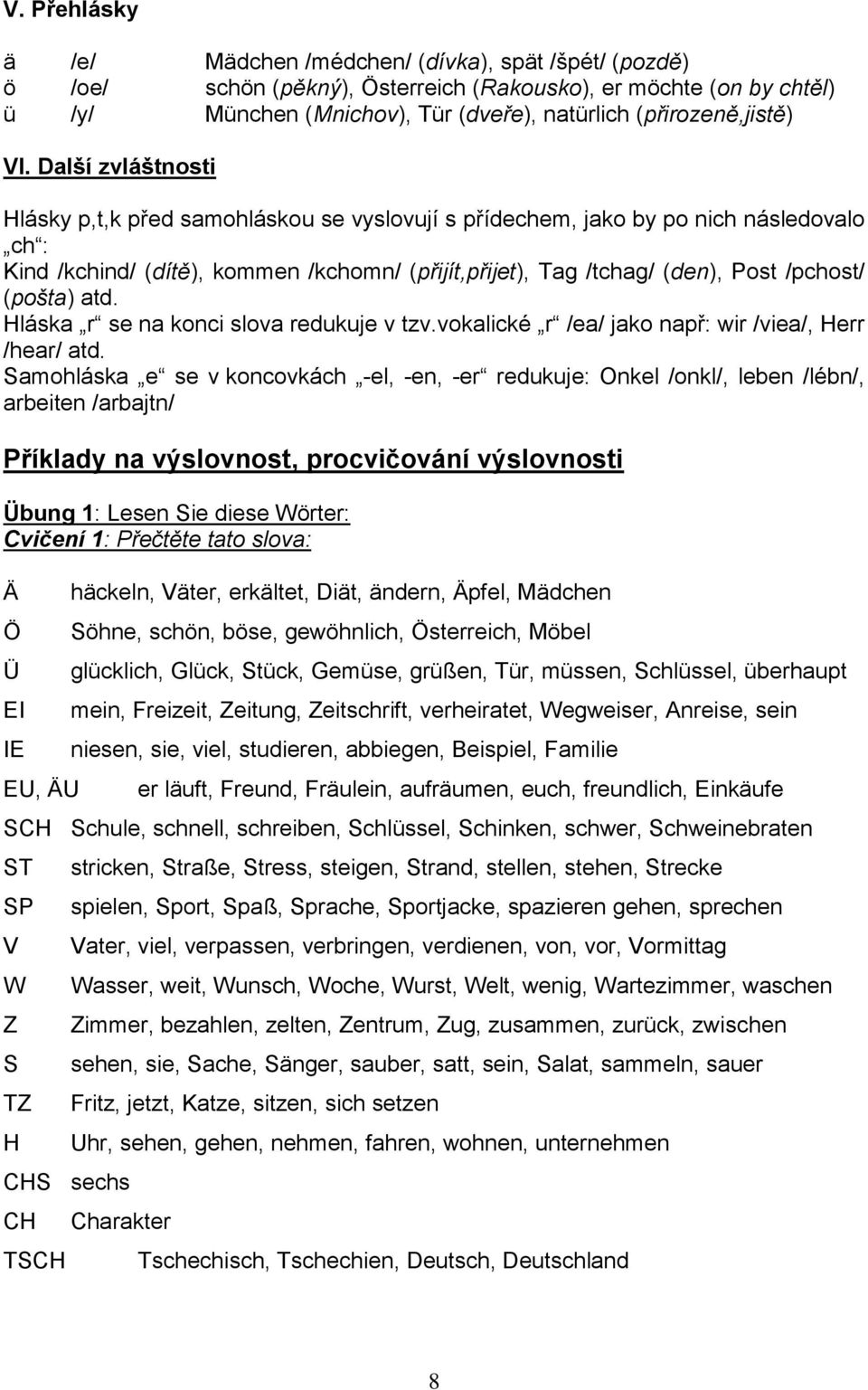 Další zvláštnosti Hlásky p,t,k před samohláskou se vyslovují s přídechem, jako by po nich následovalo ch : Kind /kchind/ (dítě), kommen /kchomn/ (přijít,přijet), Tag /tchag/ (den), Post /pchost/