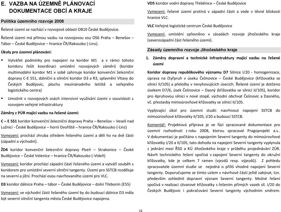 Úkoly pro územní plánování: Vytvářet podmínky pro napojení na koridor M1 a v rámci tohoto koridoru řešit koordinaci umístění rozvojových záměrů (koridor multimodální koridor M1 v sobě zahrnuje