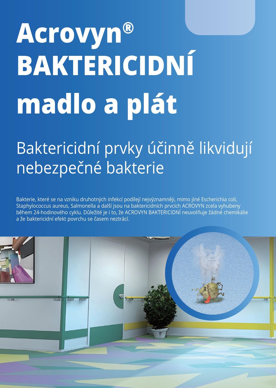 Salmonella a další jsou na baktericidních prvcích ACROVYN zcela vyhubeny během 24-hodinového cyklu.