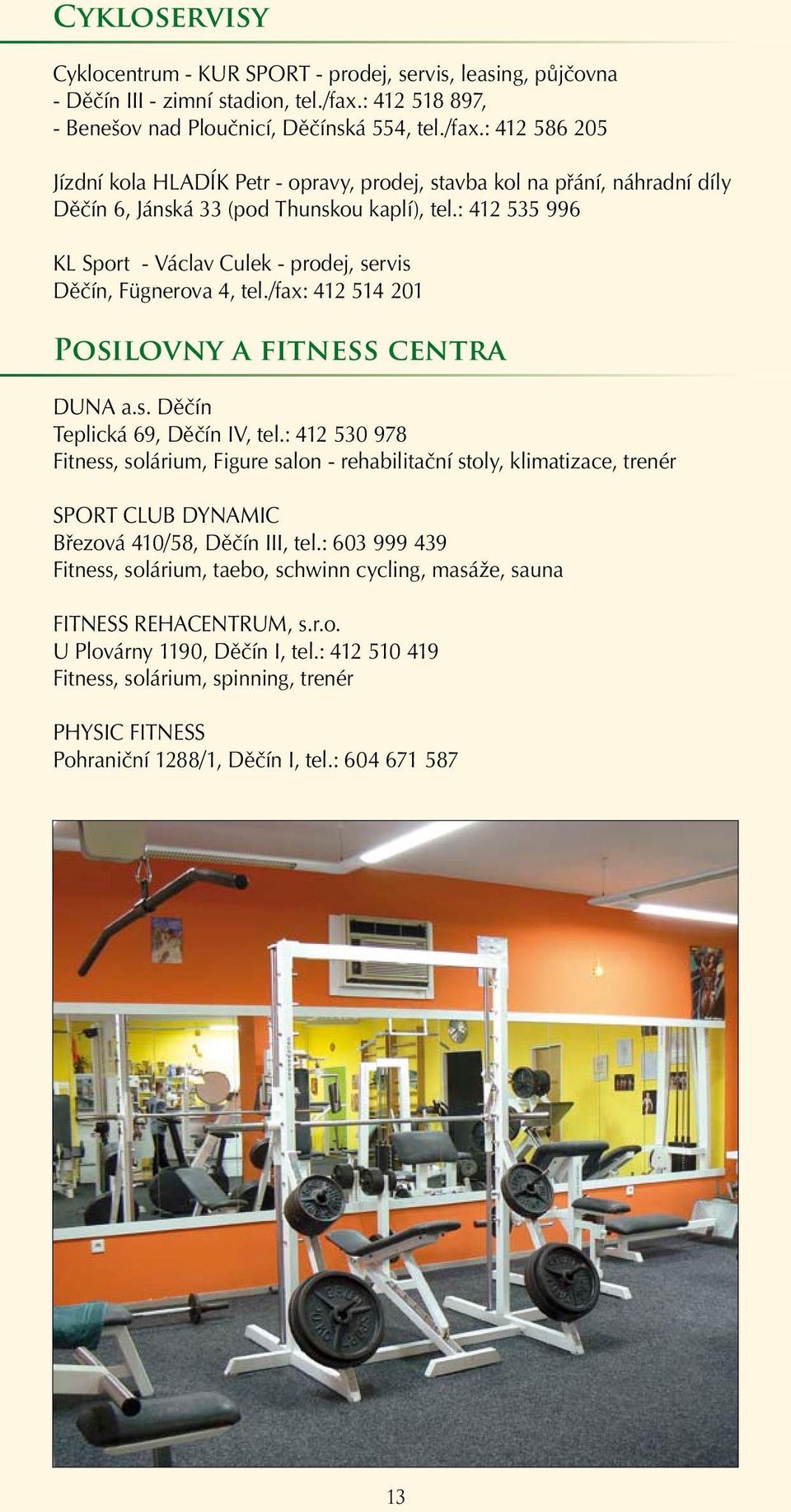 : 412 535 996 KL Sport - Václav Culek - prodej, servis Děčín, Fügnerova 4, tel./fax: 412 514 201 Posilovny a fitness centra DUNA a.s. Děčín Teplická 69, Děčín IV, tel.