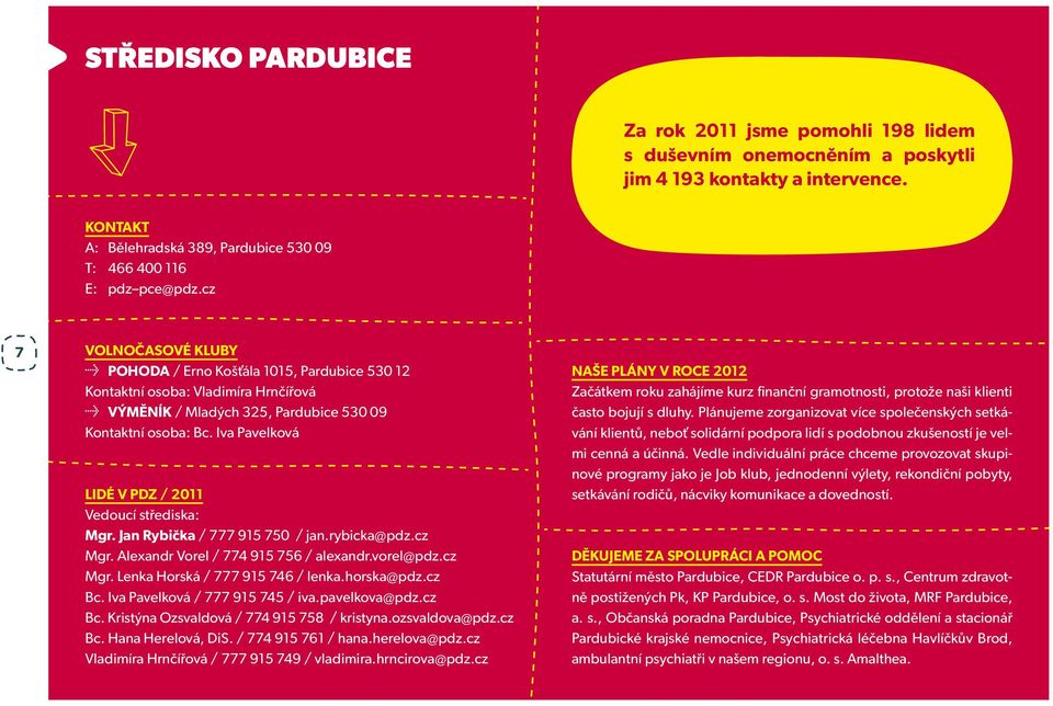 Iva Pavelková LIDÉ V PDZ / 2011 Vedoucí střediska: Mgr. Jan Rybička / 777 915 750 / jan.rybicka@pdz.cz Mgr. Alexandr Vorel / 774 915 756 / alexandr.vorel@pdz.cz Mgr. Lenka Horská / 777 915 746 / lenka.