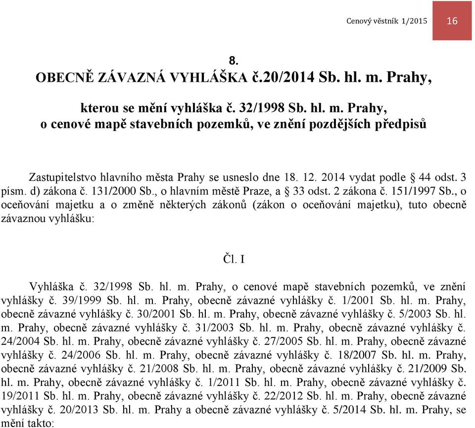 , o oceňování majetku a o změně některých zákonů (zákon o oceňování majetku), tuto obecně závaznou vyhlášku: Čl. I Vyhláška č. 32/1998 Sb. hl. m. Prahy, o cenové mapě stavebních pozemků, ve znění vyhlášky č.