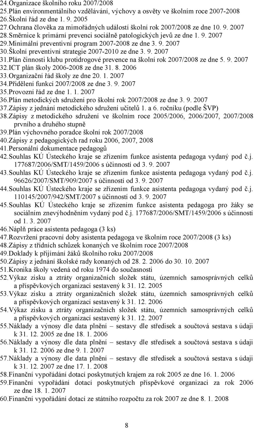 Minimální preventivní program 2007-2008 ze dne 3. 9. 2007 30.Školní preventivní strategie 2007-2010 ze dne 3. 9. 2007 31.Plán činnosti klubu protidrogové prevence na školní rok 2007/2008 ze dne 5. 9. 2007 32.