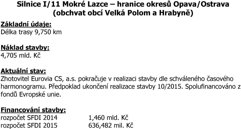 Předpoklad ukončení realizace stavby 10/2015. Spolufinancováno z fondů Evropské unie.