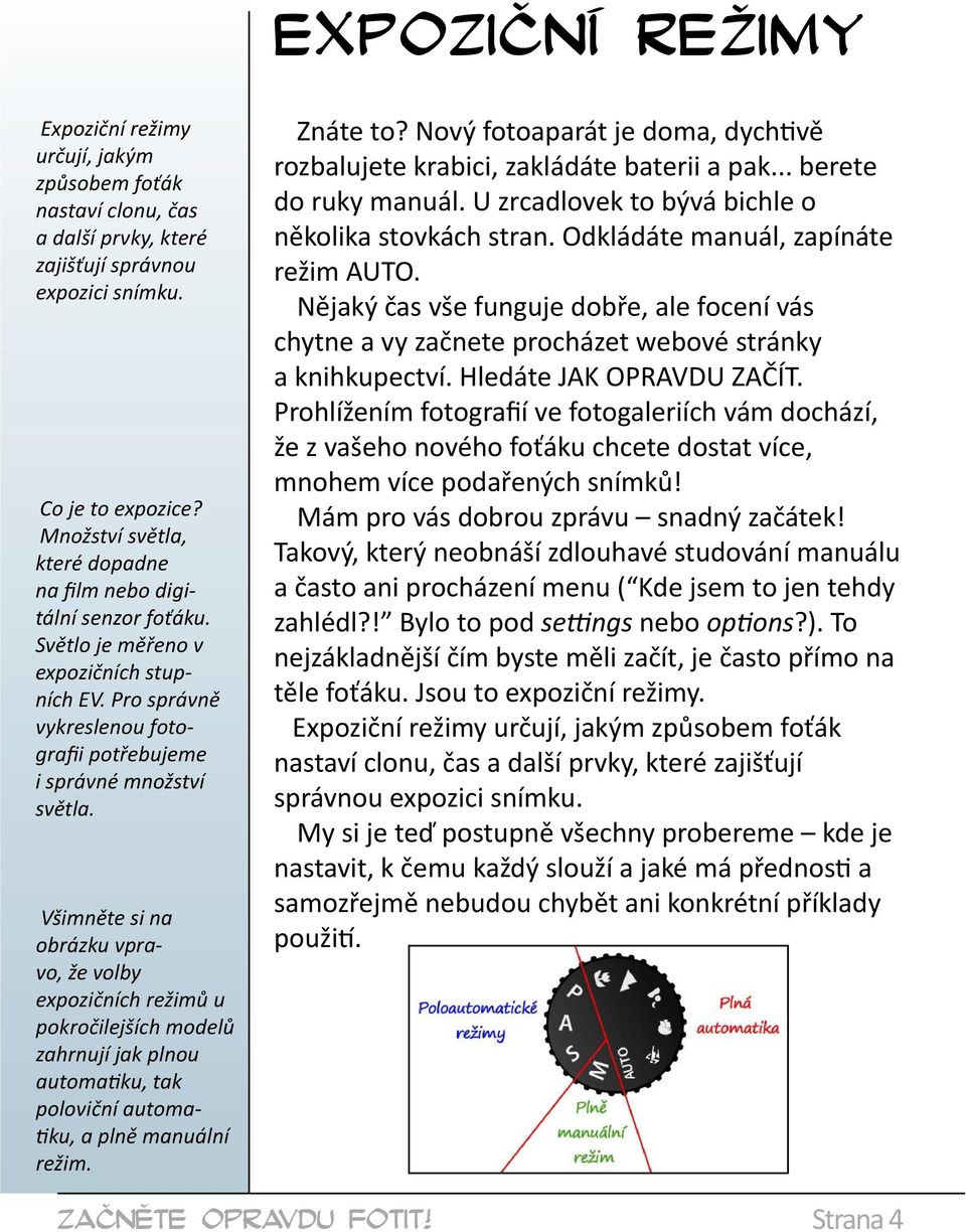 Všimněte si na obrázku vpravo, že volby expozičních režimů u pokročilejších modelů zahrnují jak plnou automatiku, tak poloviční automatiku, a plně manuální režim. Znáte to?