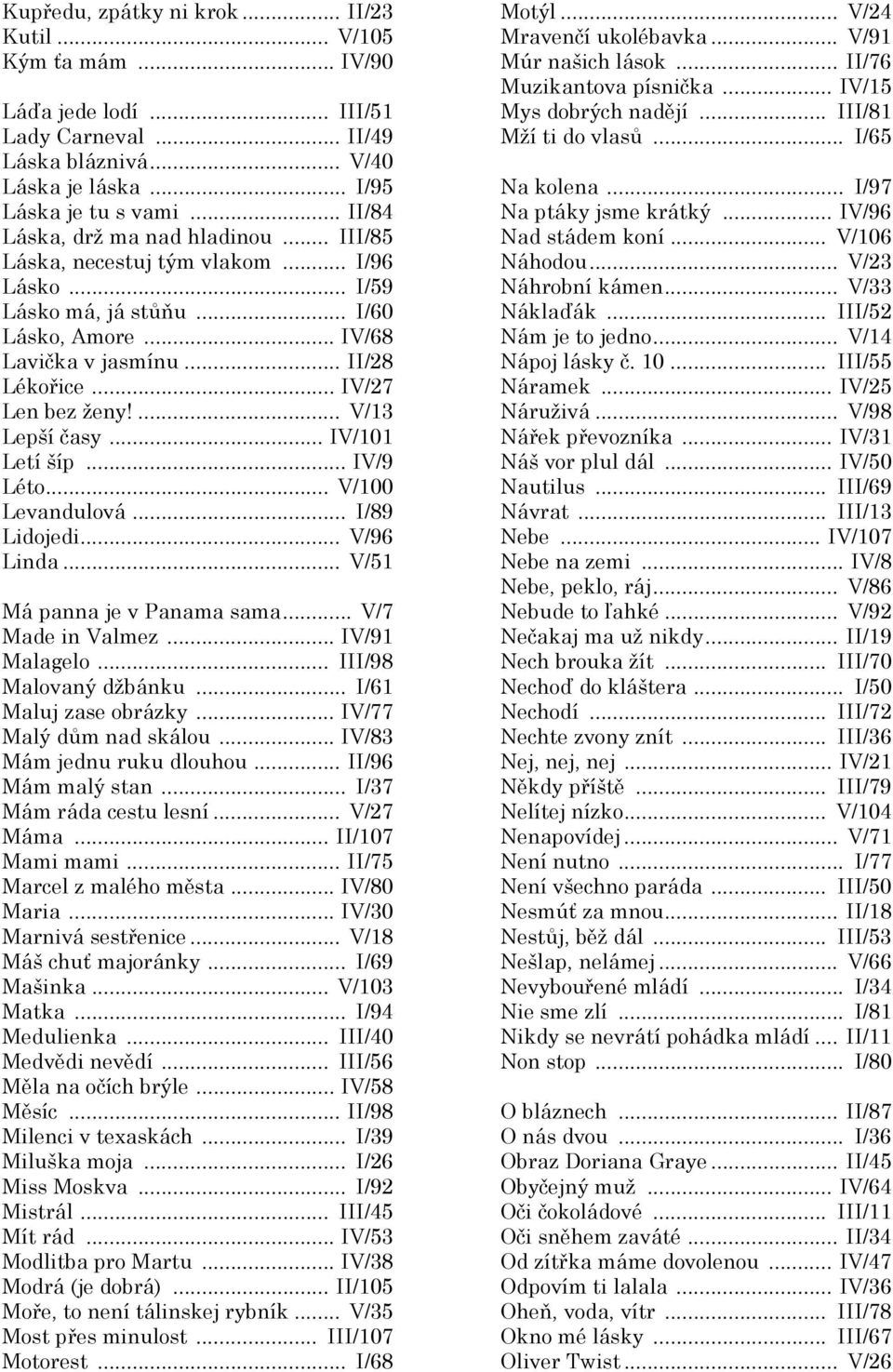 ... V/13 Lepší časy... IV/101 Letí šíp... IV/9 Léto... V/100 Levandulová... I/89 Lidojedi... V/96 Linda... V/51 Má panna je v Panama sama... V/7 Made in Valmez... IV/91 Malagelo.
