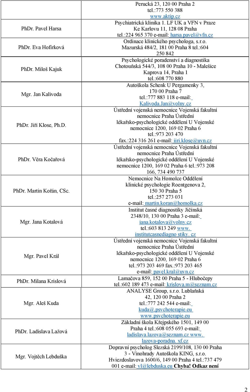 LF UK a VFN v Praze Ke Karlovu 11, 128 08 Praha tel.:224 965 370 e-mail: harsa.pavel@vfn.cz Ordinace klinického psychologa, s.r.o. Mazurská 484/2, 181 00 Praha 8 tel.