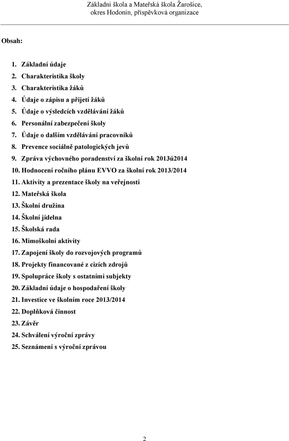 Aktivity a prezentace školy na veřejnosti 12. Mateřská škola 13. Školní družina 14. Školní jídelna 15. Školská rada 16. Mimoškolní aktivity 17. Zapojení školy do rozvojových programů 18.