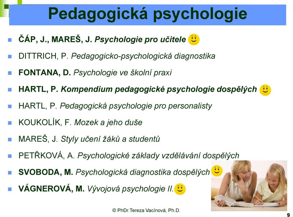 Kompendium pedagogické psychologie dospělých HARTL, P. Pedagogická psychologie pro personalisty KOUKOLÍK, F.