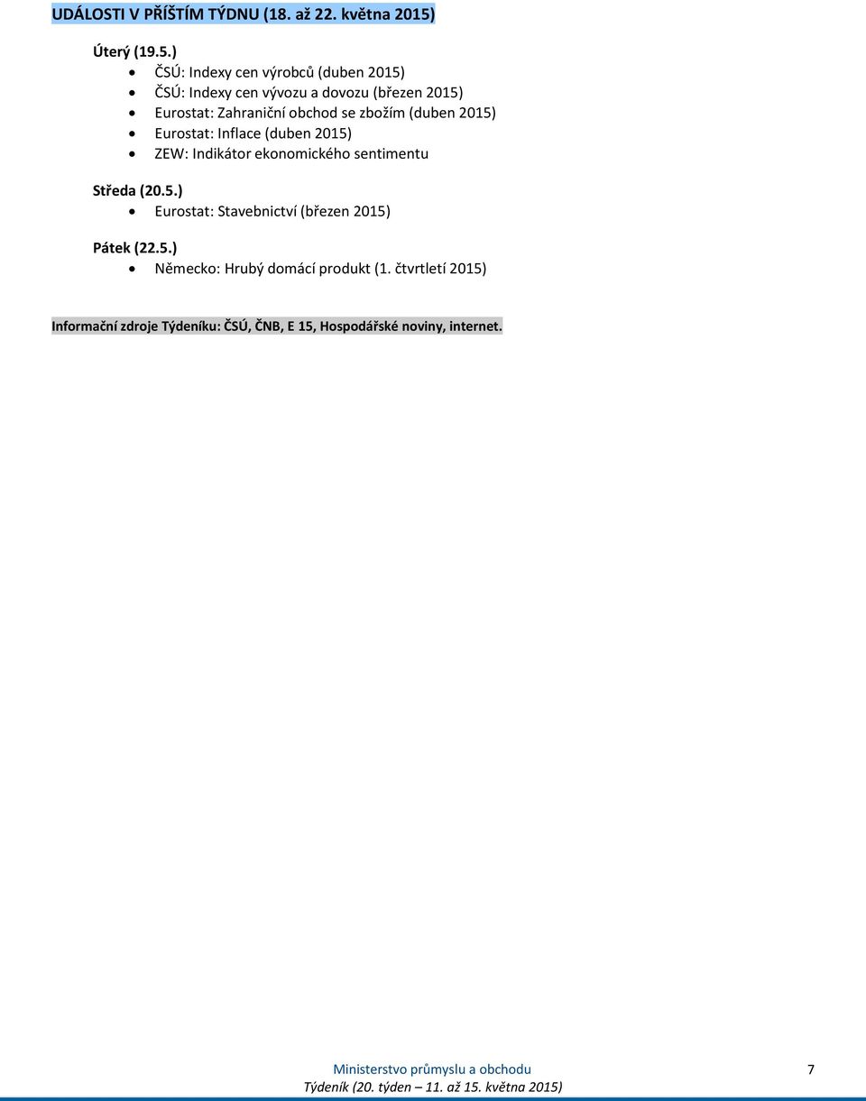 ) ČSÚ: Indexy cen výrobců (duben 2015) ČSÚ: Indexy cen vývozu a dovozu (březen 2015) Eurostat: Zahraniční obchod