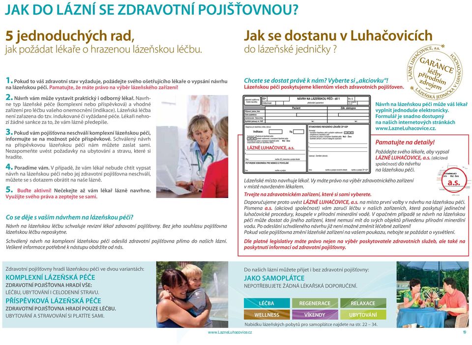 Návrh vám může vystavit praktický i odborný lékař. Navrhne typ lázeňské péče (komplexní nebo příspěvková) a vhodné zařízení pro léčbu vašeho onemocnění (indikace). Lázeňská léčba není zařazena do tzv.