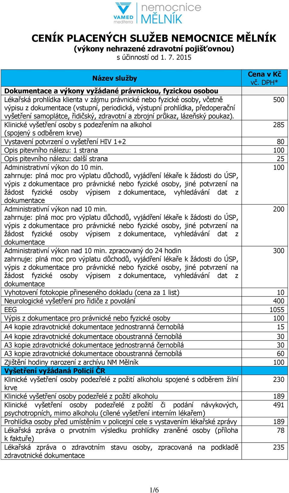 DPH* (spojený s odběrem krve) Vystavení potvrzení o vyšetření HIV 1+2 80 Opis pitevního nálezu: 1 strana 100 Opis pitevního nálezu: další strana 25 Administrativní výkon do 10 min.